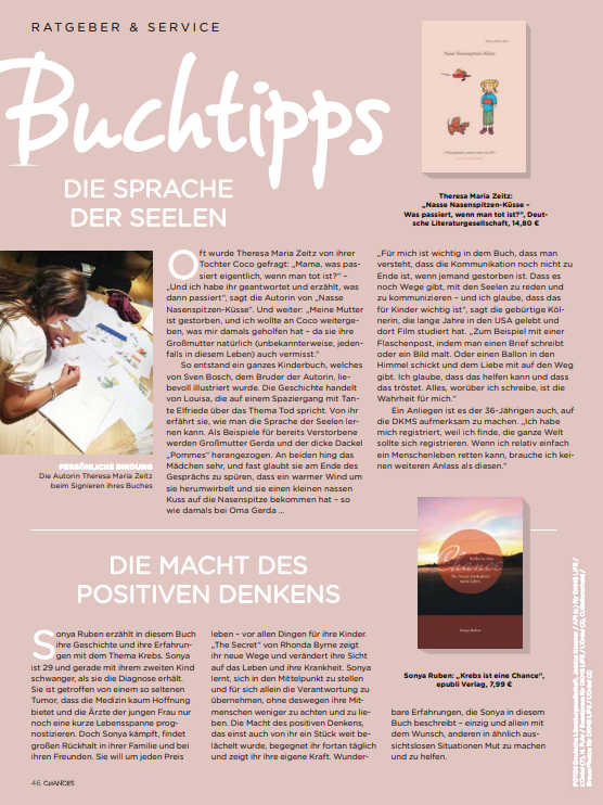 Zeitschriftenseite: Buchvorstellung im DKMS you Magazin